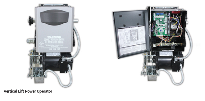 Vertical lift power operators for cold storage doors